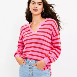 LOFT Stripe Textured Split Neck Sweater